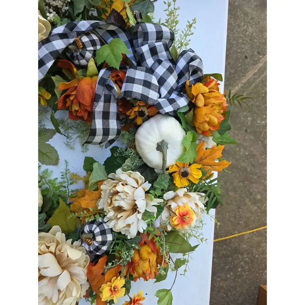 Large Buffalo plaid fall wreath-white pumpkin wreath, lambs ear wreath